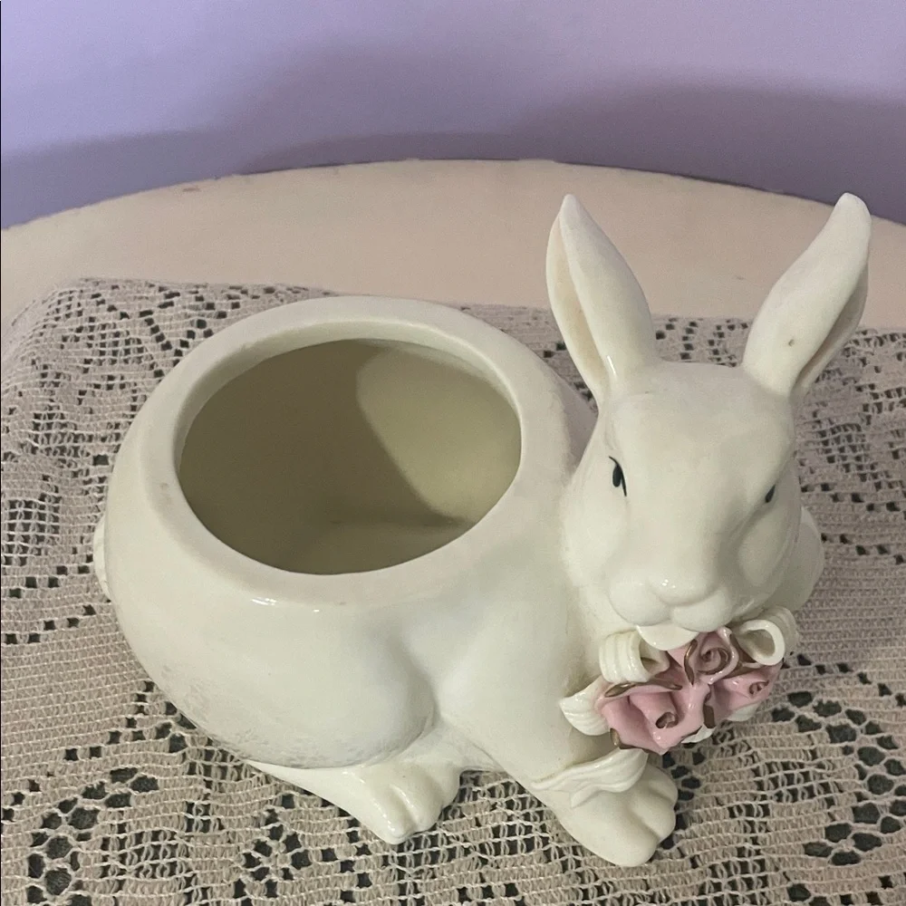 Ceramic Bunny trinket Jar with Pink Rose Accents - Cream